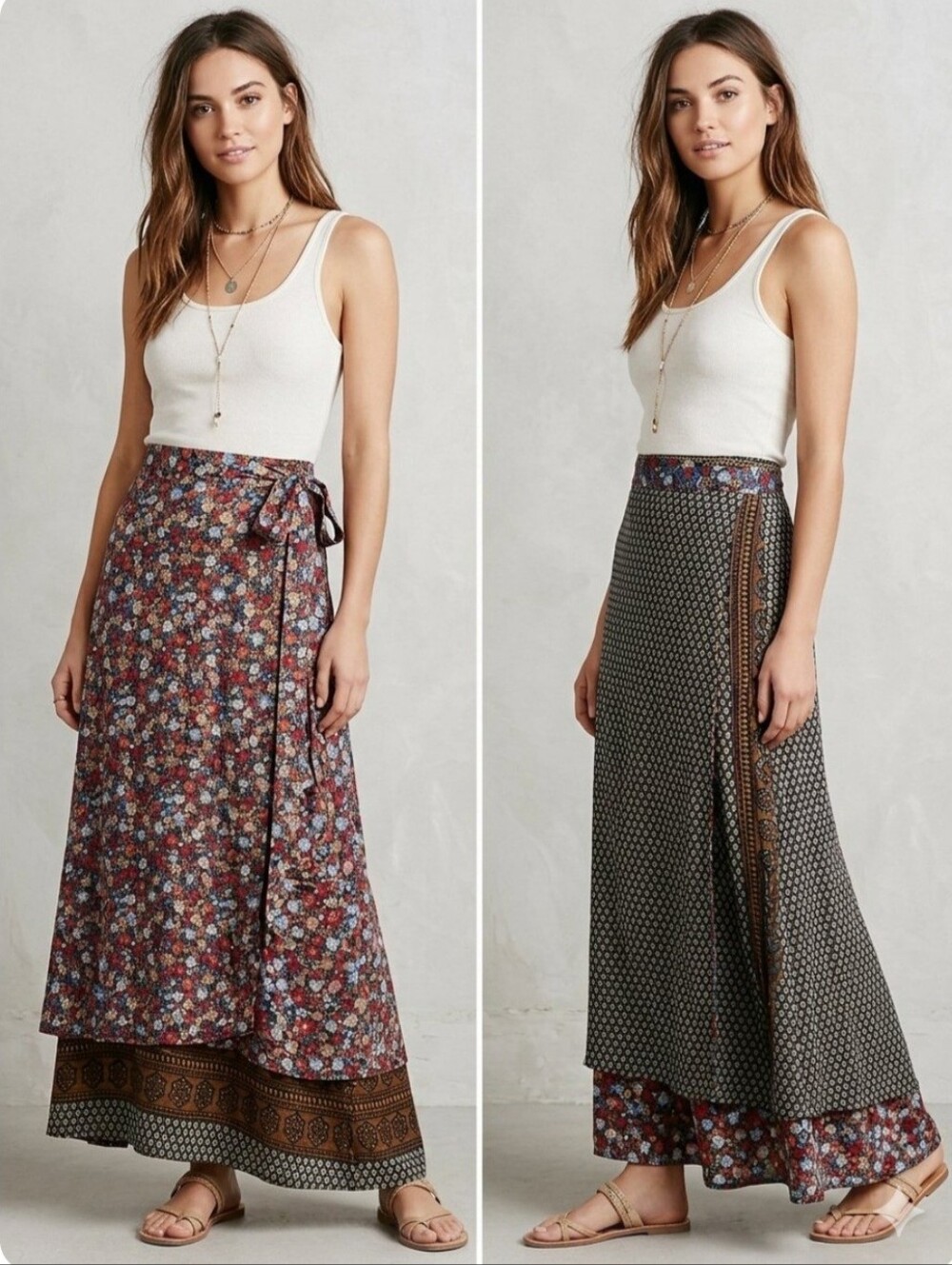 Celina Boho Indie Artsy Floral & Geo Wrap Maxi Skirt - Red Floral